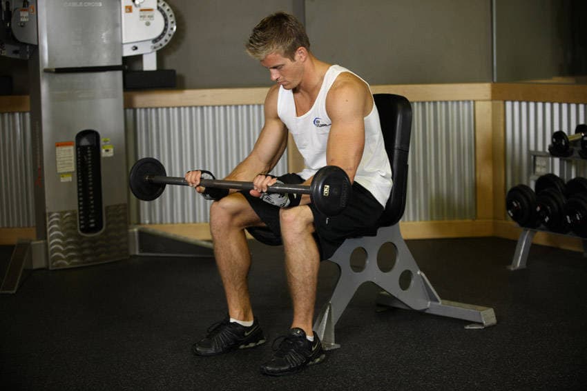 Seated Palms-Down Barbell Wrist Curl position 2