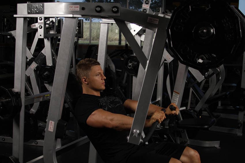 Leverage Decline Chest Press - ending position