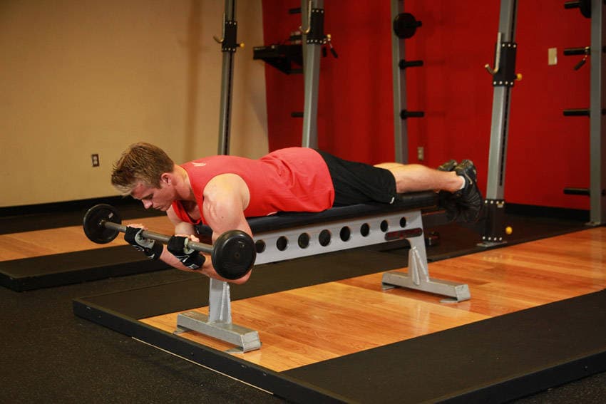 Lying High Bench Barbell Curl - ending position
