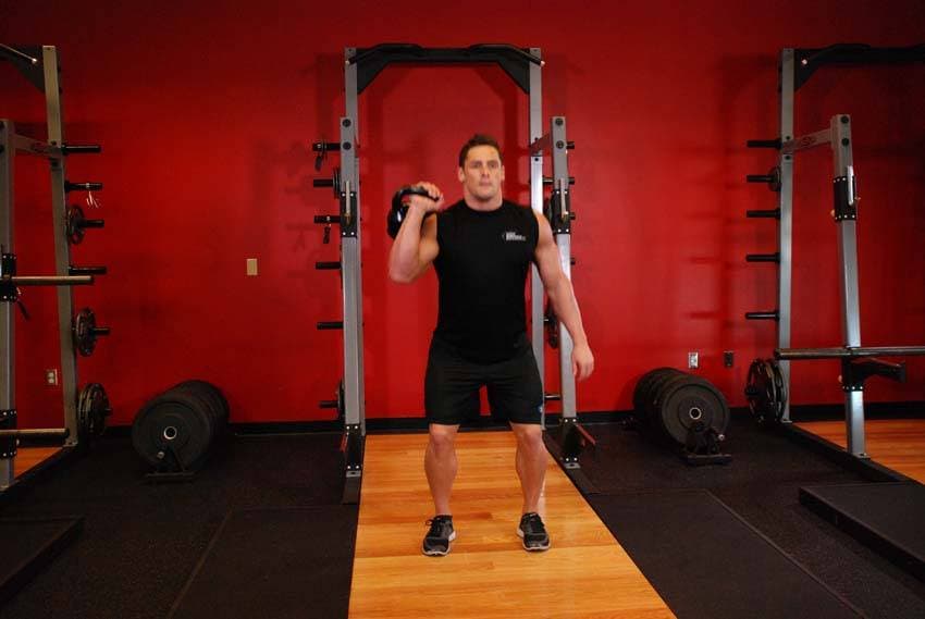 One-Arm Kettlebell Split Jerk - ending position