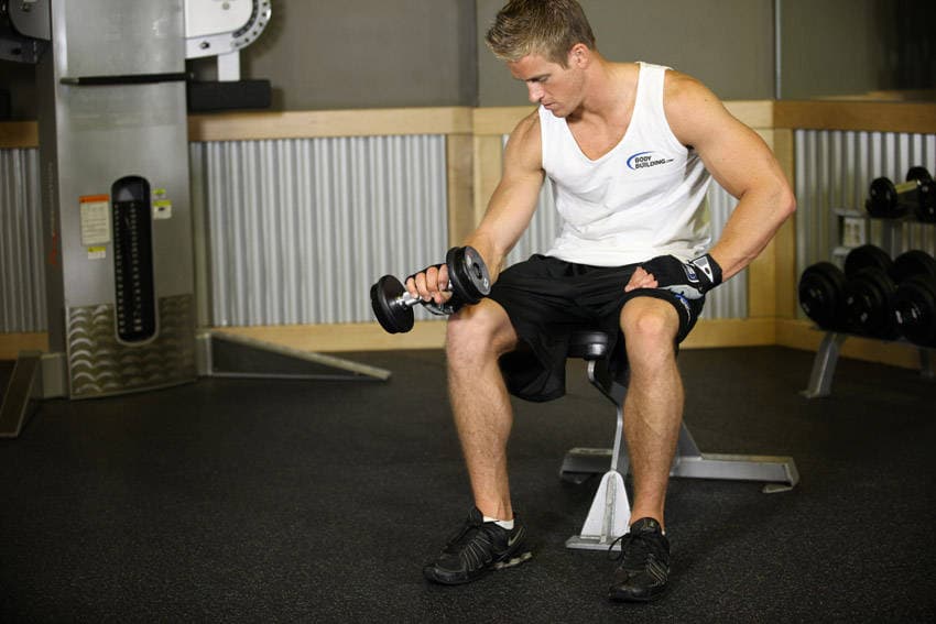 Seated One-Arm Dumbbell Palms-Down Wrist Curl position 2