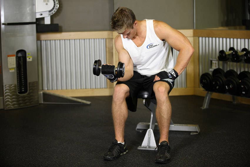 Seated One-Arm Dumbbell Palms-Up Wrist Curl position 2